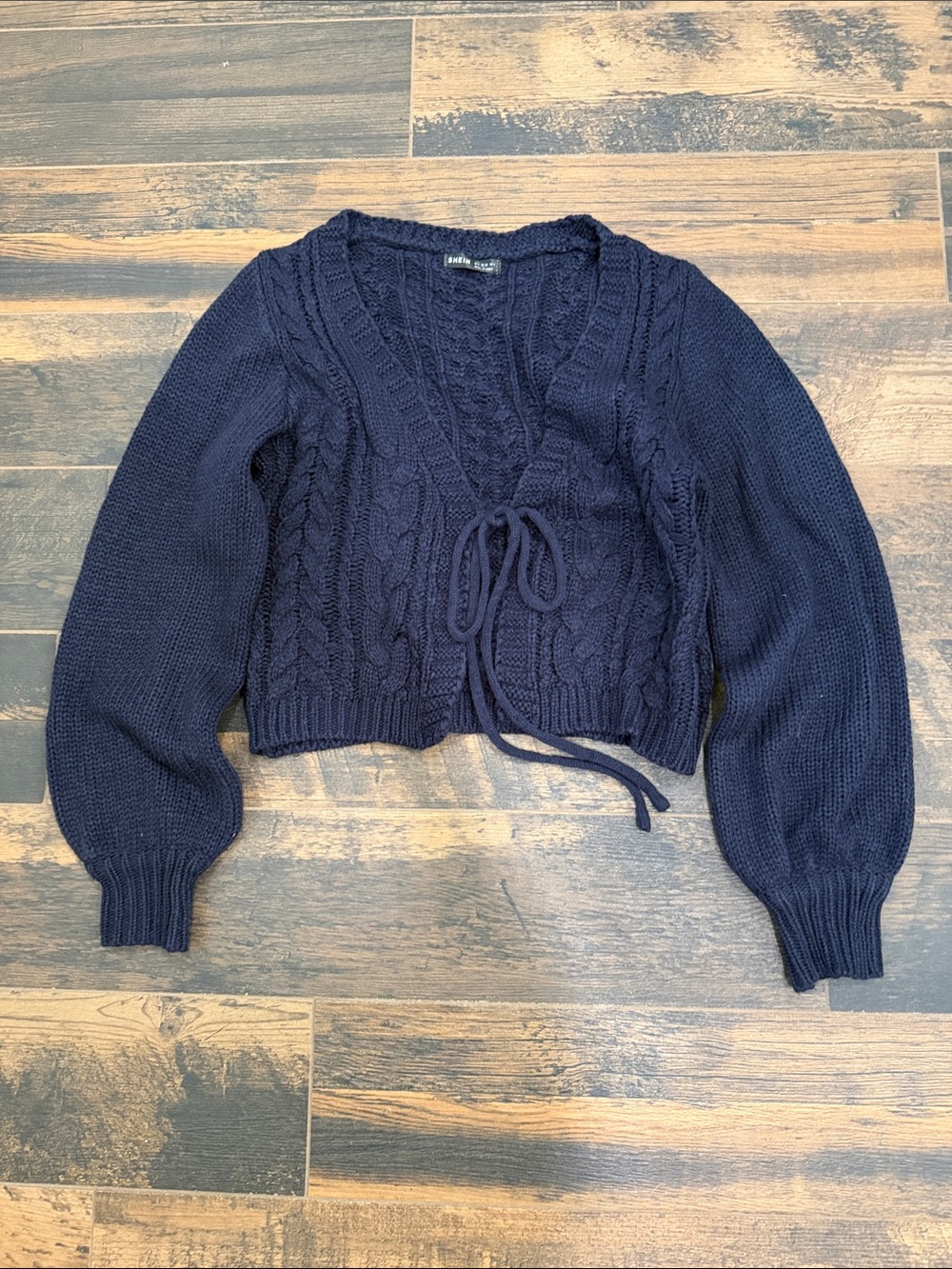 SHEIN Navy Cable Knit Tie-Front Cardigan